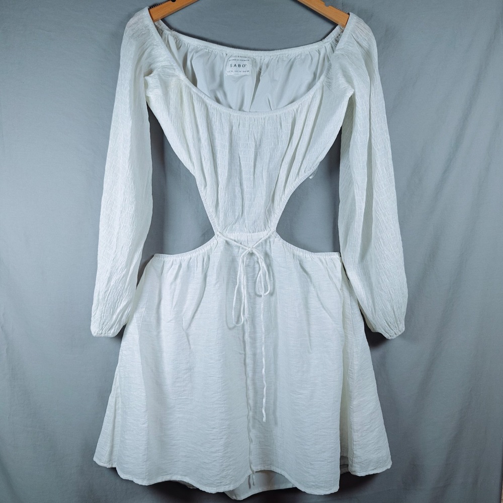 Sabo  White Cutout Long Sleeve Mini Dress XL USA 10 Off The Shoulder Tie